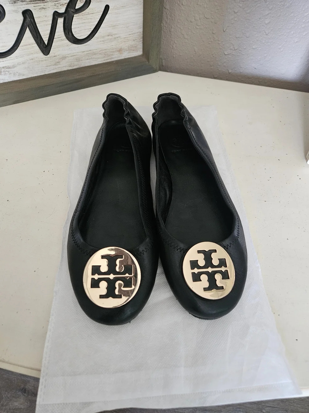 Tory Burch Black Reva Ballet Flats with Gold Logo